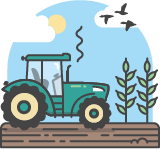 An illustration of a tractor driving on a tilled field with birds and the sun in the sky.