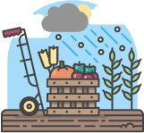 An illustration of a Dollie cart carrying a wooden crate full of vegetables on a tilled field while it is raining.