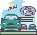 An illustration of a car parked in front of a rental car center with an airplane flying about it. 