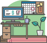 An illustration of a desk with a computer on it. Near the desk and computer is a coffee mug, a plant and a calendar hanging on the wall.