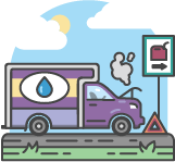 An illustration of a truck broken down on the side of the road with a gasoline sign pointing towards the nearest gas station.