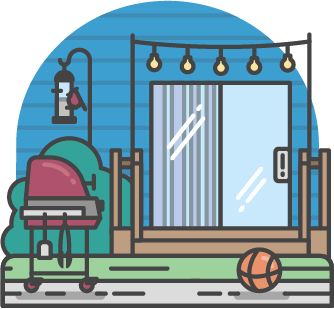 An illustration of a back yard with a grill, a basketball and lights handing above a porch.