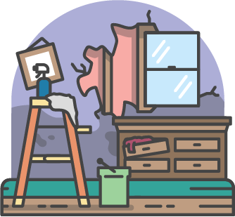 An illustration of a half torn out wall with a window, a dresser, a step ladder and a crooked picture.