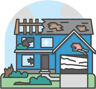 An illustration of a home with severe weather damage.