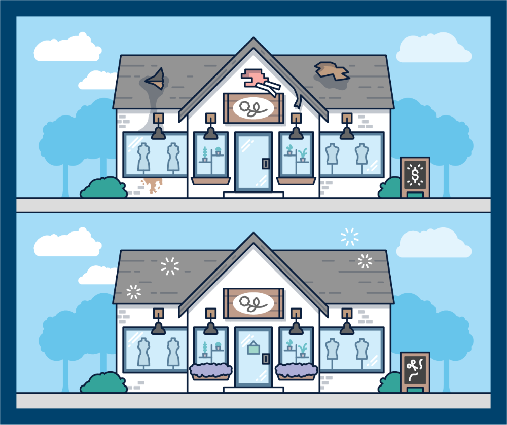 Two illustrations of a building. The illustration on top depicts a building with damage to the roof and siding. The illustration on the bottom shows a building with no damage.