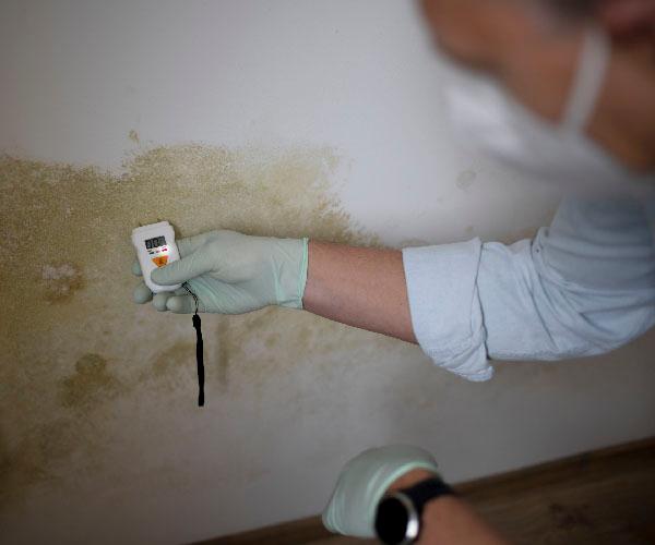 A person holding a white moisture meter up to a wall with a brown stain on it.