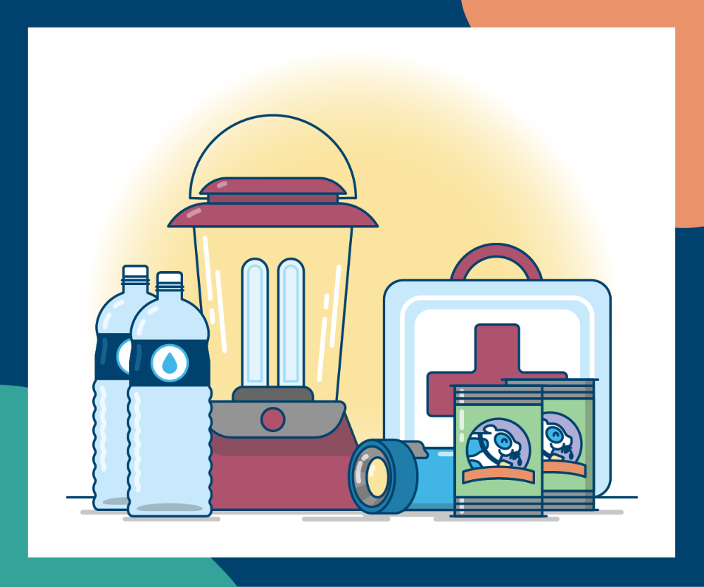 An illustration of two water bottles, a lantern, a flashlight, two cans of food and a first-aid kit.