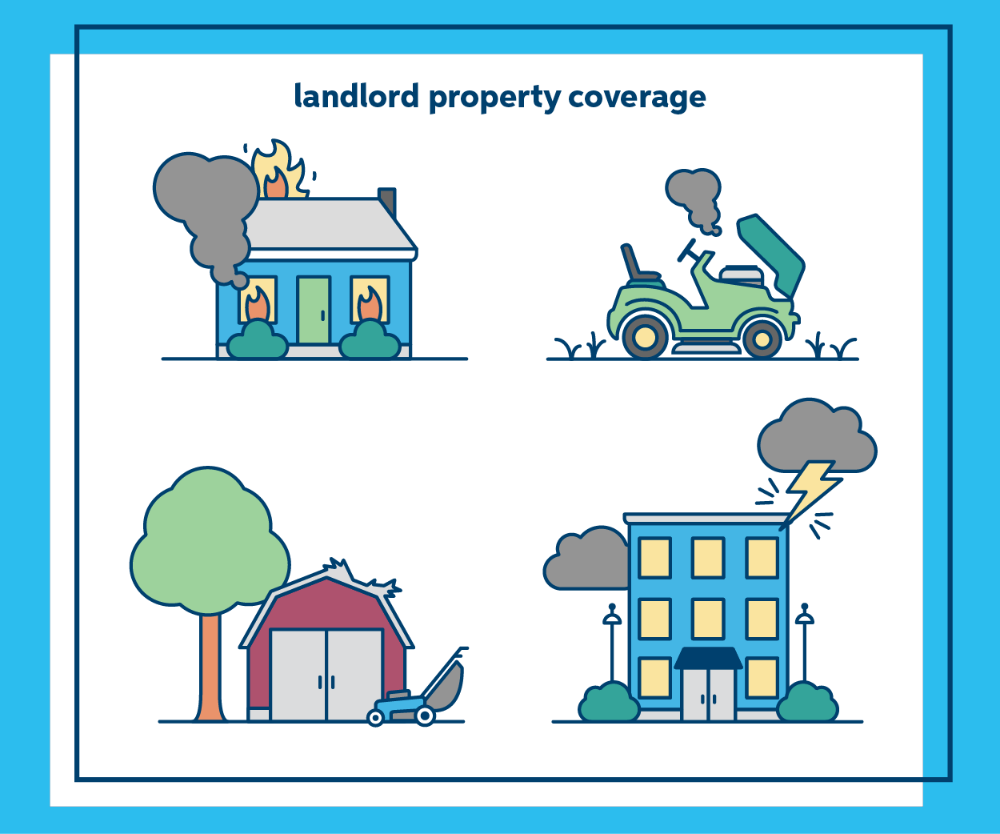 An illustration of a house with flames, a broken riding lawn mower, a damaged shed and lightning striking an apartment building.