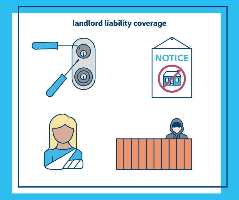 An illustration of a door lock being picked, an eviction notice, a person wearing a sling and a person wearing a hooded sweatshirt behind a fence.