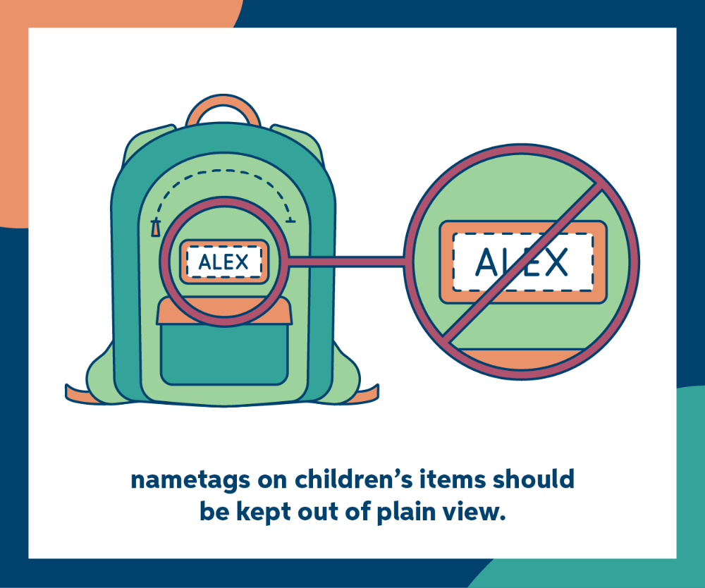 On the left is an illustration depicting a child's backpack labeled with a name. On the right is a close up of the name depicted with a slash through it.