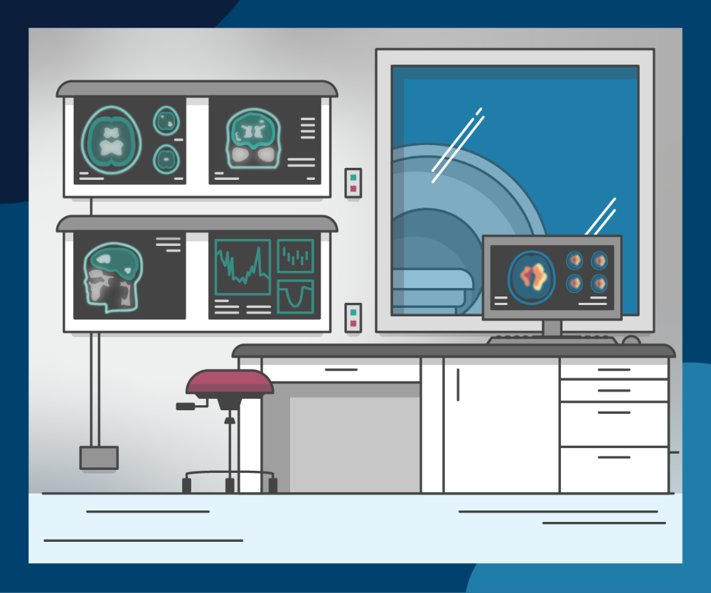 A radiology room with MRI images, a monitor with an image on it in front of a window looking into an MRI machine.