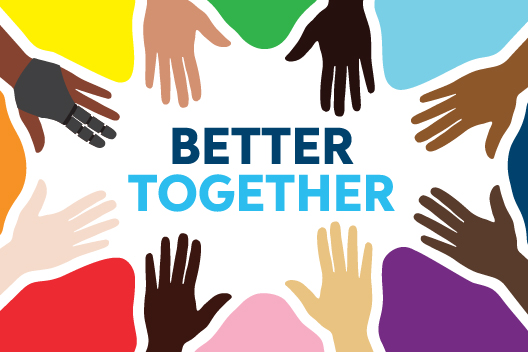 Text reads, embracing diversity. including everyone. it just makes sense. on a background of multi-colored stripes.