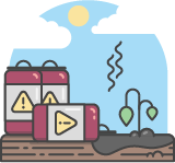 An illustration of toxic waste cans spilled over on a dying plant in a tilled field.