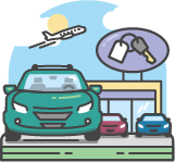 An illustration of a car parked in front of a rental car center with an airplane flying about it.
