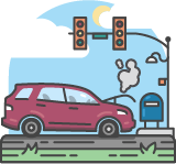 An illustration of a minivan parked underneath a stop light with smoking coming out of the engine.