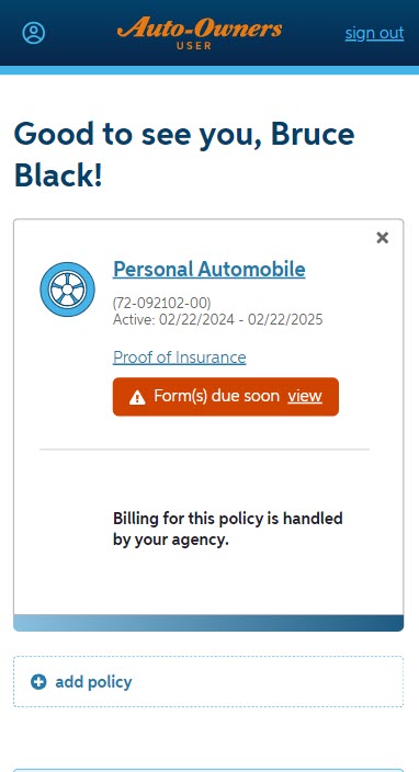 An image of Auto-Owners online access home page.