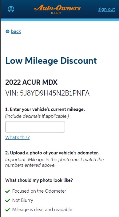 An image of the Low Mileage Discount page in Customer Center.