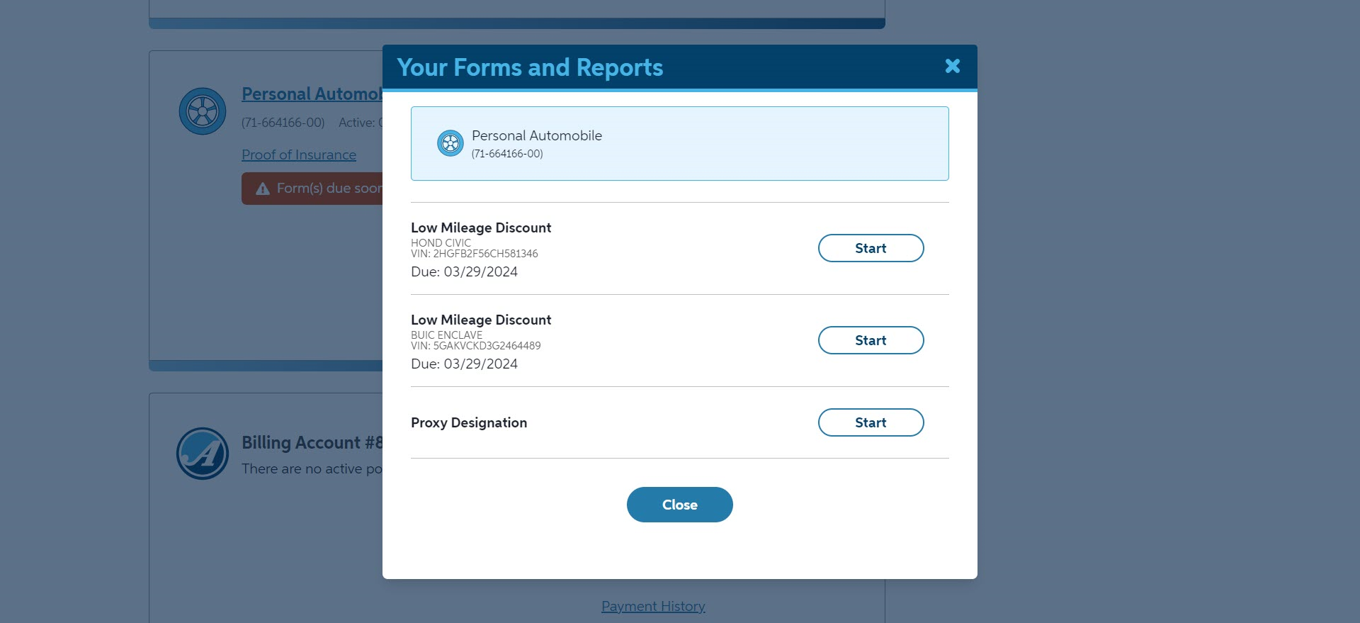 An image of the Forms and Reports page where a customer can start the Low Mileage Discount form.