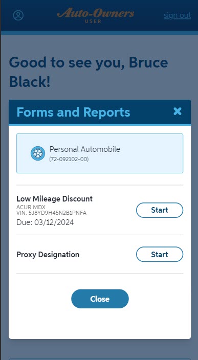 An image of the Forms and Reports page where a customer can start the Low Mileage Discount form.
